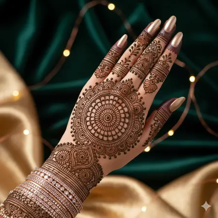 Half mandala back hand mehndi design 2026 with concentric floral rings and dotted wrist cuff. Half mandala back hand mehndi design 2026 with concentric floral rings and dotted wrist cuff.