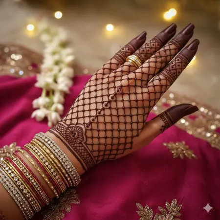 Intricate jaali back hand mehndi design 2026 with geometric netting and floral border cuffs. Intricate jaali back hand mehndi design 2026 with geometric netting and floral border cuffs.