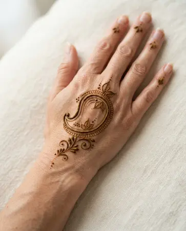 Traditional mehndi design featuring a stylized mango-shaped motif and fine leaf accents Traditional mehndi design featuring a stylized mango-shaped motif and fine leaf accents