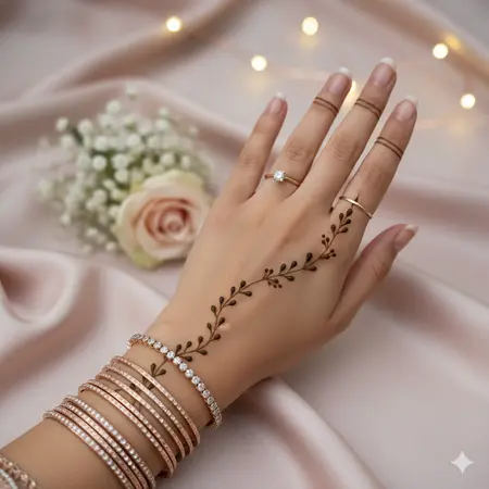 Unique stylish back hand mehndi design 2026 for wedding bridesmaids with elegant floral chain. Unique stylish back hand mehndi design 2026 for wedding bridesmaids with elegant floral chain.