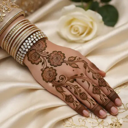 Easy back hand mehndi design 2026 with modern floral vines and delicate shaded knuckle rings. Easy back hand mehndi design 2026 with modern floral vines and delicate shaded knuckle rings.