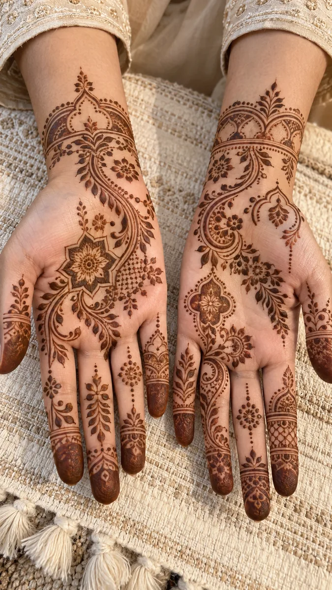 Moroccan inspired Arabic mehndi designs for full hands with geometric floral detailing Moroccan inspired Arabic mehndi designs for full hands with geometric floral detailing