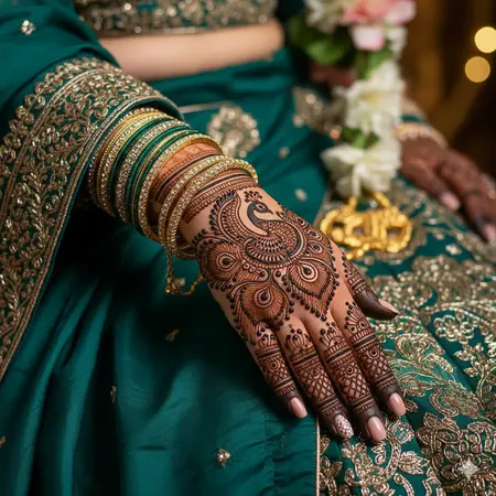 Peacock back hand mehndi design 2026 featuring feather jaal work and bold Arabic bridal motifs. Peacock back hand mehndi design 2026 featuring feather jaal work and bold Arabic bridal motifs.