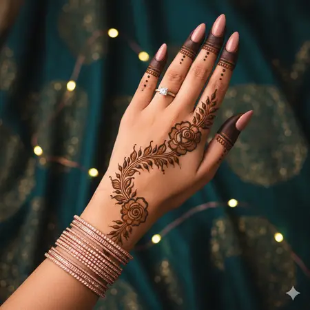 Arabic back hand mehndi design 2026 with bold shaded roses and flowing leafy vine. Arabic back hand mehndi design 2026 with bold shaded roses and flowing leafy vine.