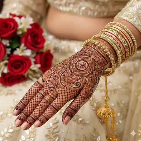 Traditional bridal back hand mehndi design 2026 with full coverage wrist cuff and intricate henna details. Traditional bridal back hand mehndi design 2026 with full coverage wrist cuff and intricate henna details.