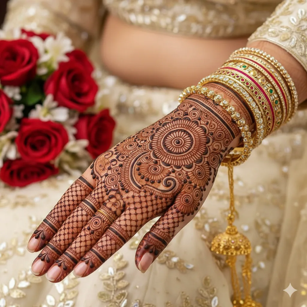 Traditional bridal back hand mehndi design 2026 with full coverage wrist cuff and intricate henna details. Traditional bridal back hand mehndi design 2026 with full coverage wrist cuff and intricate henna details.
