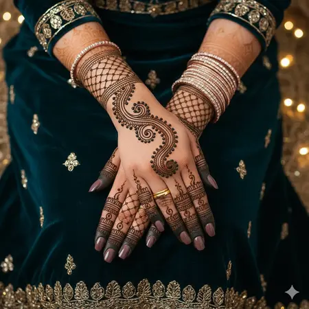Stylish trending bridal mehndi design 2026 full hand with spiraling swirls and pearl dot work. Stylish trending bridal mehndi design 2026 full hand with spiraling swirls and pearl dot work.