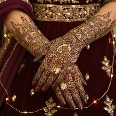 Royal Mughal bridal mehndi design 2026 full hand with architectural dome jharokha patterns. Royal Mughal bridal mehndi design 2026 full hand with architectural dome jharokha patterns.