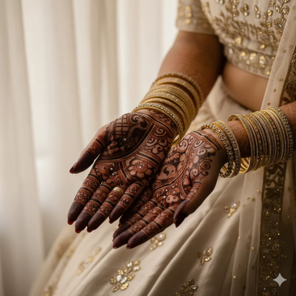 Bridal front hand mehndi design 2026 full length with contemporary botanical arches. Bridal front hand mehndi design 2026 full length with contemporary botanical arches.