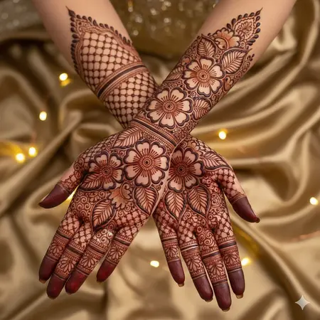 Modern negative space bridal mehndi design 2026 full hand with bold outlines and cutout florals. Modern negative space bridal mehndi design 2026 full hand with bold outlines and cutout florals.