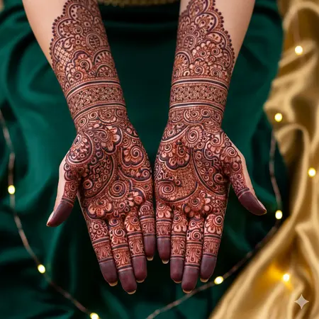 Bridal mehndi design 2026 full hand featuring traditional paisley motifs and royal wrist cuffs. Bridal mehndi design 2026 full hand featuring traditional paisley motifs and royal wrist cuffs.
