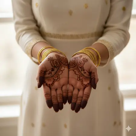 Simple bridal mehndi design 2026 front hand with delicate mandala and leafy finger caps. Simple bridal mehndi design 2026 front hand with delicate mandala and leafy finger caps.