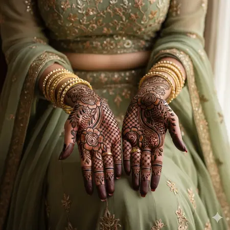 Arabic front hand mehndi design for bridal hands 2026 with bold shaded flower trails. Arabic front hand mehndi design for bridal hands 2026 with bold shaded flower trails.