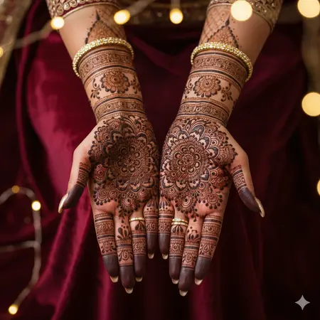 Bridal mehndi design 2026 full hand with symmetrical dulhan portraits, peacocks, and floral jaal. Bridal mehndi design 2026 full hand with symmetrical dulhan portraits, peacocks, and floral jaal.