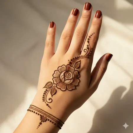 Classic floral front hand mehndi design 2026 with central mandala and leafy vine patterns. Classic floral front hand mehndi design 2026 with central mandala and leafy vine patterns.