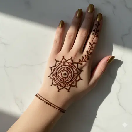 Delicate Arabic front hand henna trail 2026 flowing diagonally from wrist to index finger. Delicate Arabic front hand henna trail 2026 flowing diagonally from wrist to index finger.