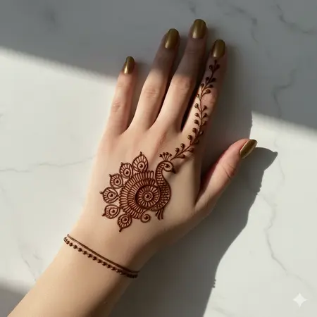 Modern mandala front hand mehndi design 2026 featuring symmetric circular concentric art and dotted cuffs. Modern mandala front hand mehndi design 2026 featuring symmetric circular concentric art and dotted cuffs.