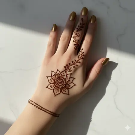 Minimalist jaal front hand mehndi design 2026 with geometric grid netting and pearl dots. Minimalist jaal front hand mehndi design 2026 with geometric grid netting and pearl dots.