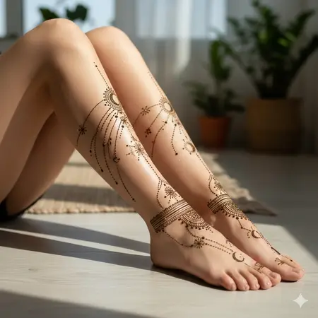 Modern simple feet mehndi design 2026 with celestial stippled trails and ankle vine. Modern simple feet mehndi design 2026 with celestial stippled trails and ankle vine.