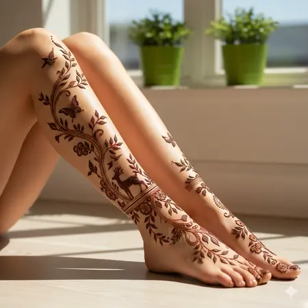 Botanical feet mehndi design 2026 with negative space leaves and shaded flower clusters. Botanical feet mehndi design 2026 with negative space leaves and shaded flower clusters.