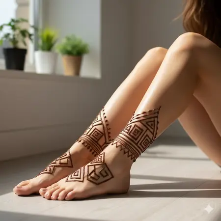 Contemporary geometric feet mehndi design 2026 with clean line cuffs and chevron accents.