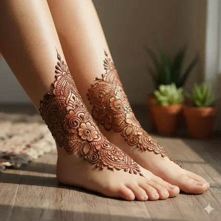 Feet mehndi 2026 simple bridal design with delicate anklet payal chain and floral toe caps. Feet mehndi 2026 simple bridal design with delicate anklet payal chain and floral toe caps.