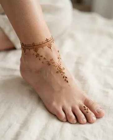 Mehndi design with a delicate anklet-inspired henna band and floral accents Mehndi design with a delicate anklet-inspired henna band and floral accents