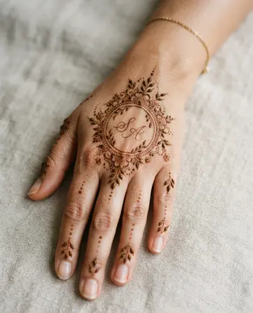 Personalized mehndi design with a birth-flower-inspired botanical motif Personalized mehndi design with a birth-flower-inspired botanical motif
