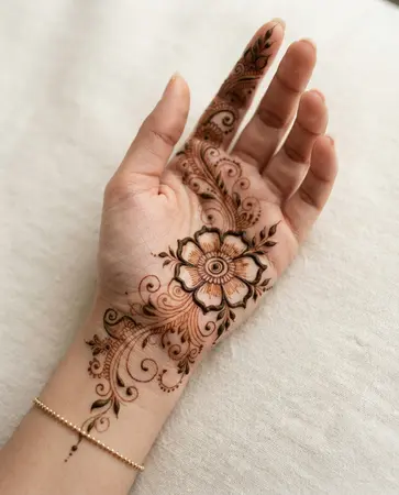 Mehndi design combining bold floral outlines with delicate fine-line details Mehndi design combining bold floral outlines with delicate fine-line details
