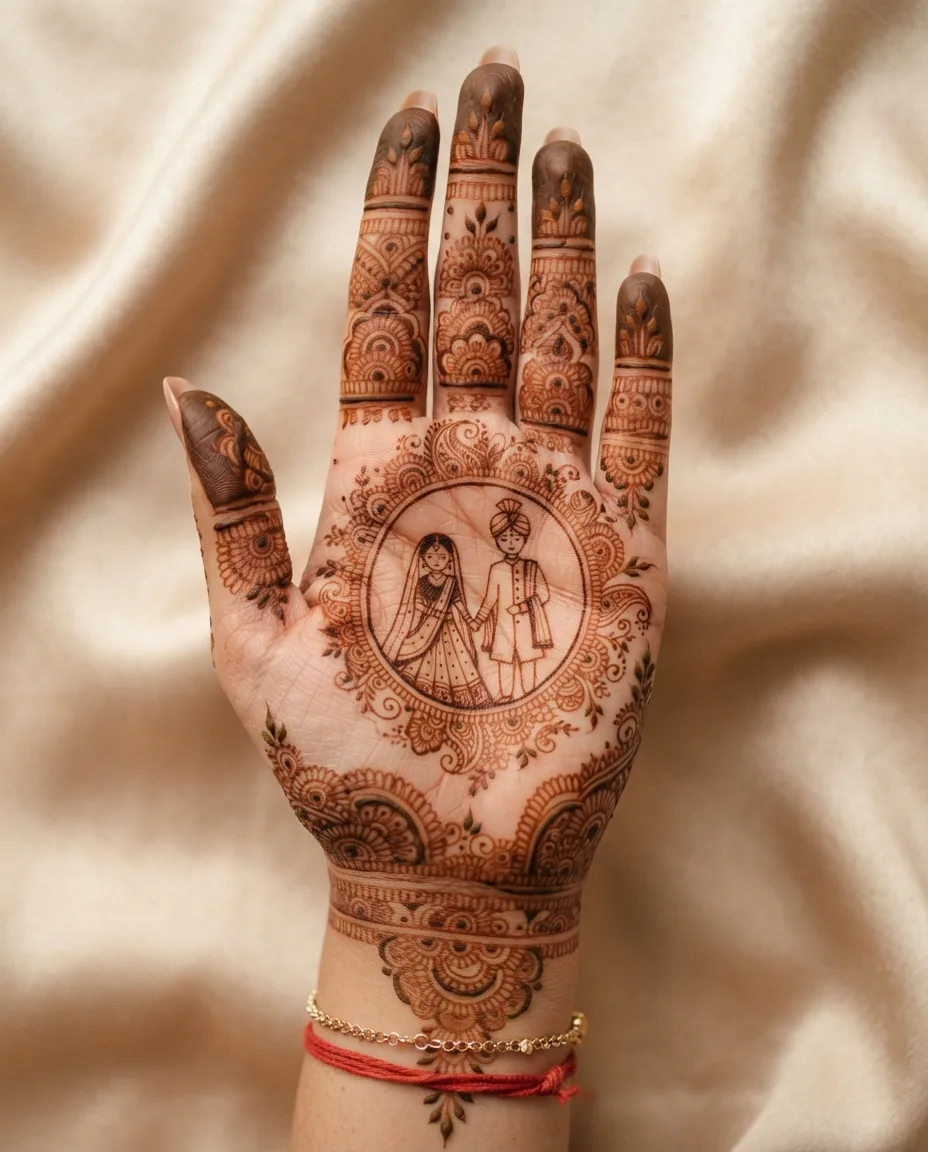 Bridal mehndi design featuring a simplified couple portrait motif surrounded by ornamentation Bridal mehndi design featuring a simplified couple portrait motif surrounded by ornamentation
