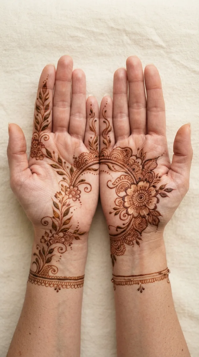 Unique mehndi design connecting two palms into one continuous floral composition Unique mehndi design connecting two palms into one continuous floral composition