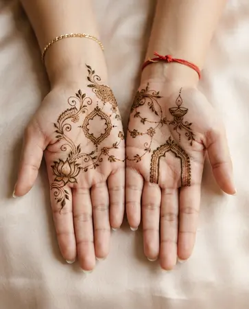 Contemporary bridal mehndi design with small symbolic motifs and open skin areas Contemporary bridal mehndi design with small symbolic motifs and open skin areas