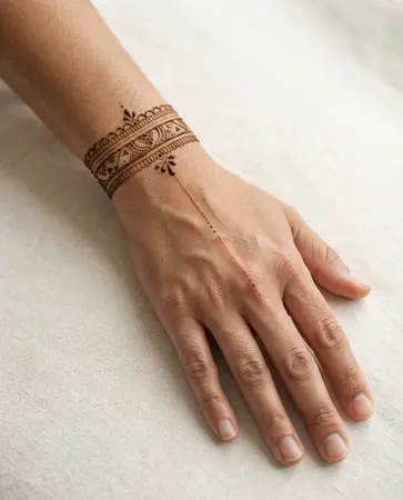 Contemporary mehndi design with an ornamental henna cuff on the lower forearm Contemporary mehndi design with an ornamental henna cuff on the lower forearm