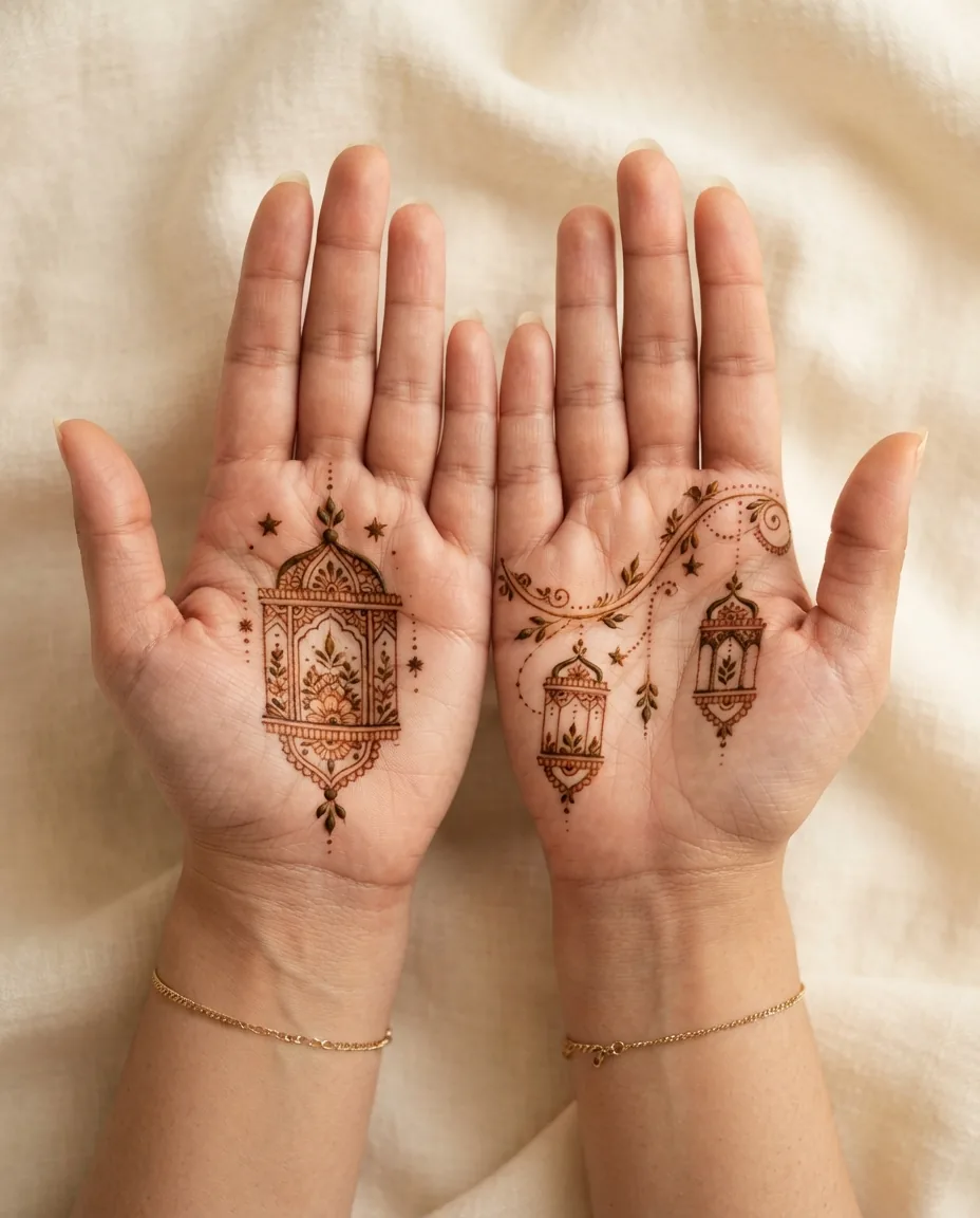 Eid mehndi design featuring ornamental lantern motifs and delicate henna details Eid mehndi design featuring ornamental lantern motifs and delicate henna details