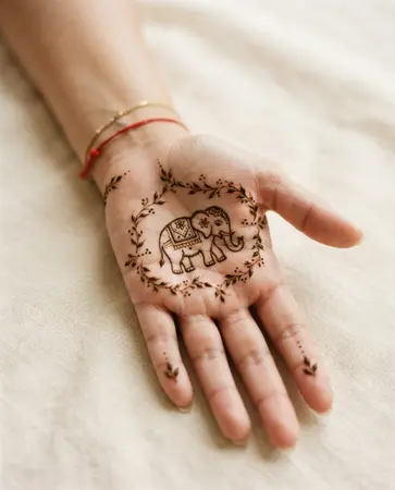 Traditional mehndi design featuring an ornamental elephant with delicate flowers Traditional mehndi design featuring an ornamental elephant with delicate flowers