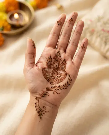 Festive mehndi design featuring a decorative diya motif with floral details Festive mehndi design featuring a decorative diya motif with floral details