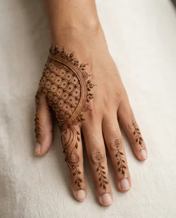 Mehndi design with a small fine-line jaali section and delicate floral edges Mehndi design with a small fine-line jaali section and delicate floral edges
