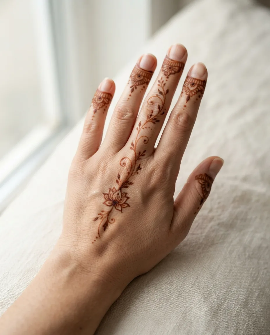 Mehndi design with compact floral motifs and vertical detailing for short fingers Mehndi design with compact floral motifs and vertical detailing for short fingers
