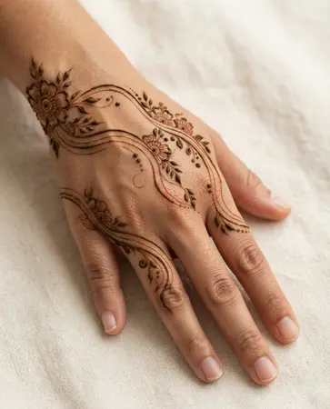Mehndi design featuring flowing floral wave lines and small botanical accents Mehndi design featuring flowing floral wave lines and small botanical accents