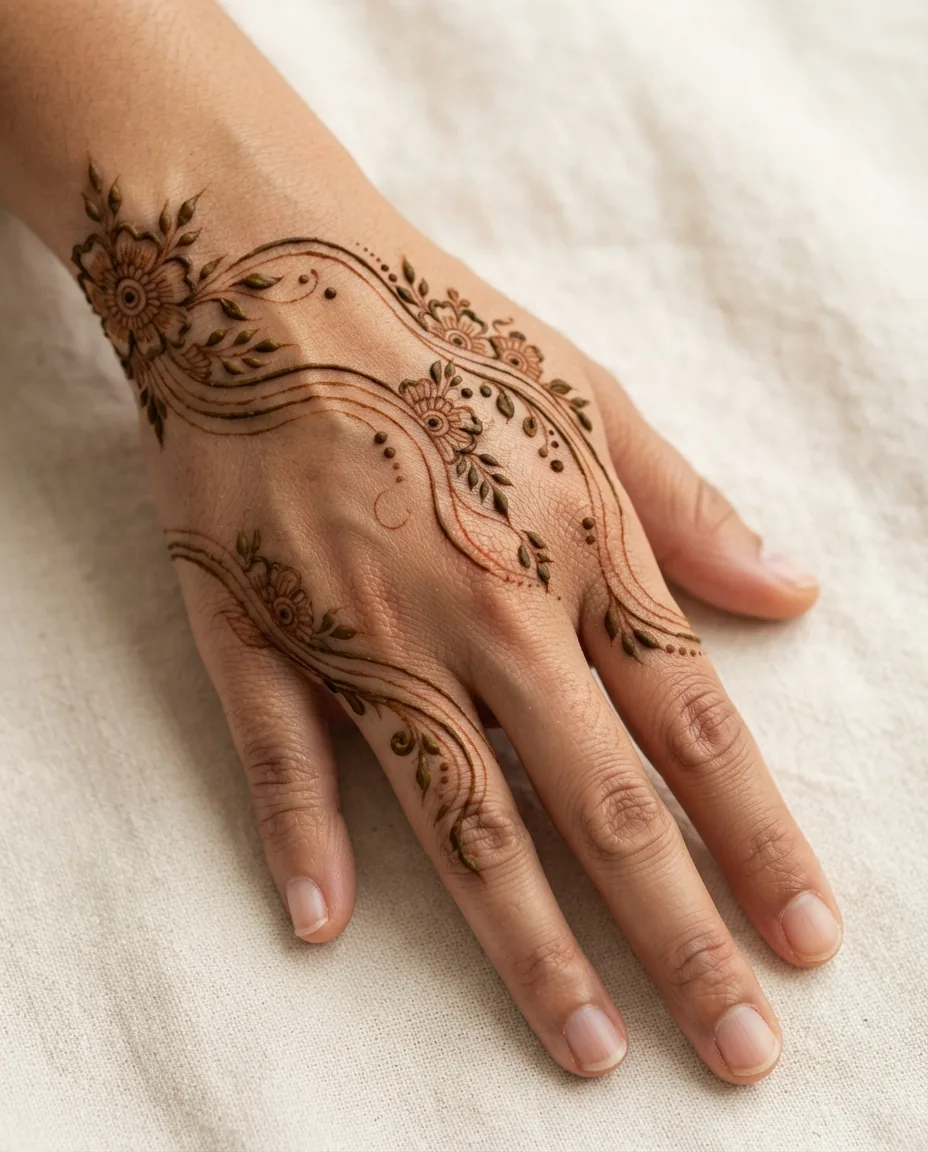 Mehndi design featuring flowing floral wave lines and small botanical accents Mehndi design featuring flowing floral wave lines and small botanical accents