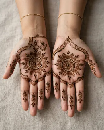 Gujarati-inspired mehndi design featuring circular folk-art motifs and festive detailing Gujarati-inspired mehndi design featuring circular folk-art motifs and festive detailing
