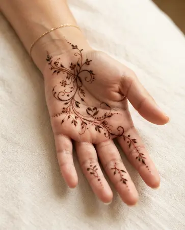 Romantic mehndi design with a subtle heart hidden among fine botanical motifs Romantic mehndi design with a subtle heart hidden among fine botanical motifs