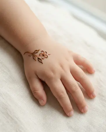 Cute simple mehndi design for a child's hand featuring tiny flowers and leaves Cute simple mehndi design for a child's hand featuring tiny flowers and leaves