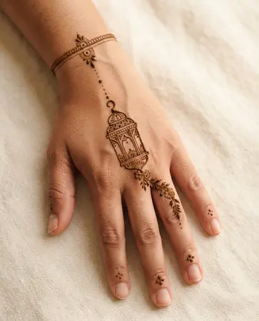 Eid mehndi design combining a small lantern motif with fine floral detailing Eid mehndi design combining a small lantern motif with fine floral detailing