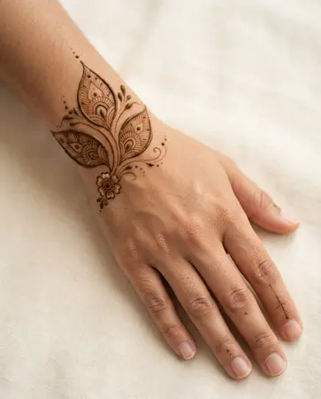 Festive mehndi design featuring mango leaves and simple ornamental details Festive mehndi design featuring mango leaves and simple ornamental details