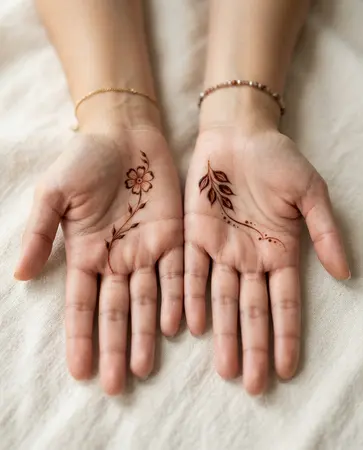 Matching mehndi designs on two hands with complementary minimalist floral motifs Matching mehndi designs on two hands with complementary minimalist floral motifs