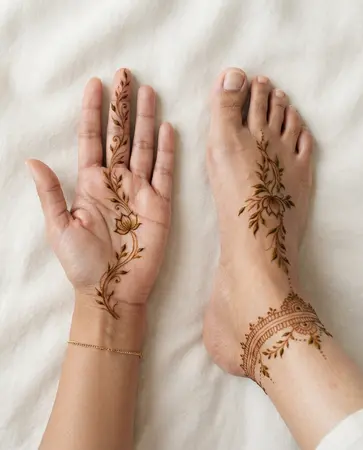 Matching mehndi design on the hand and foot with coordinated botanical motifs Matching mehndi design on the hand and foot with coordinated botanical motifs