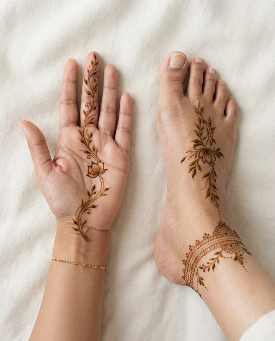 Matching mehndi design on the hand and foot with coordinated botanical motifs Matching mehndi design on the hand and foot with coordinated botanical motifs