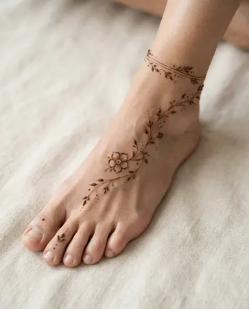 Minimal mehndi design on the top of the foot with a small floral trail Minimal mehndi design on the top of the foot with a small floral trail