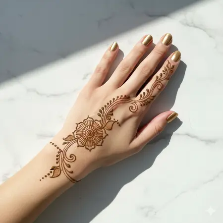Petite lotus minimal palm mehndi design 2026 featuring a tiny sacred blossom on bare skin. Petite lotus minimal palm mehndi design 2026 featuring a tiny sacred blossom on bare skin.
